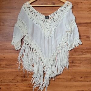 Elegant White Bohemian Top Fringe Shawl M